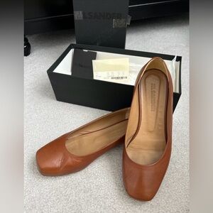 Jil Sander Cognac Leather Square-Toe Ballet Flats